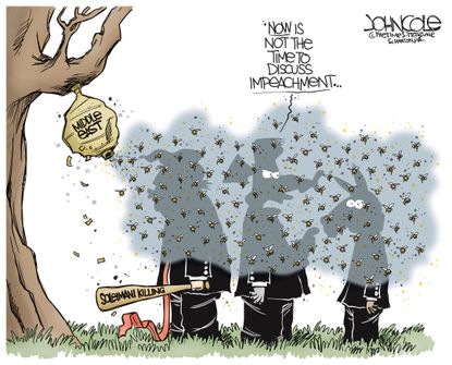 Political Cartoon U.S. Trump Soleimani Killing Hornet Nest Impeachment Distraction