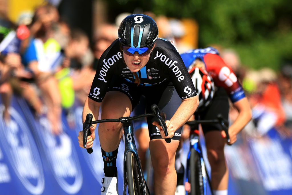 COLCHESTER ENGLAND MAY 26 EDITORS NOTE Alternate crop Charlotte Kool of The Netherlands and Team DSM sprints at finish line to win the 6th RideLondon Classique 2023 Stage 1 a 1464km from Saffron Walden to Colchester UCIWWT on May 26 2023 in Colchester England Photo by Stephen PondGetty Images