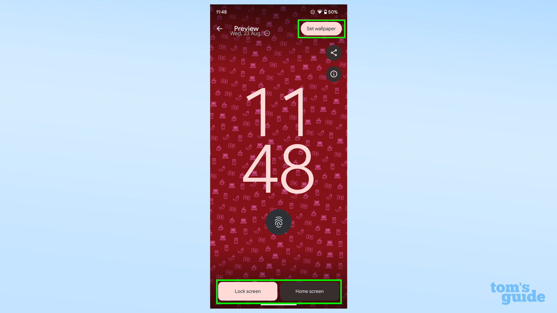 Снимки экрана, показывающие окно предварительного просмотра в средстве создания обоев смайликов для Android 14.