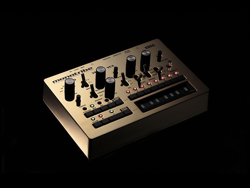 The gold-plated Korg monotribe. Click the image for photos of the silver-plated monotrons.
