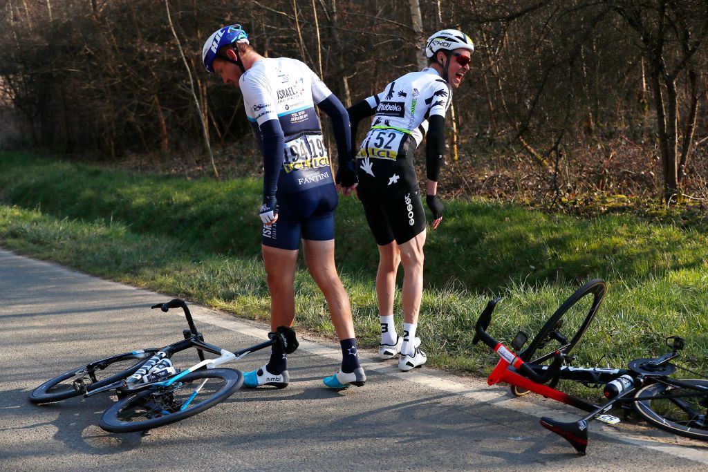 SAINTCYRLECOLE FRANCE MARCH 07 Matthias Brandle of Austria and Team Israel StartUp Nation Sander Armee of Belgium and Team Qhubeka Assos during the 79th Paris Nice 2021 Stage 1 a 166km stage from SaintCyrlEcole to SaintCyrlEcole ParisNice Crash Injury on March 07 2021 in SaintCyrlEcole France Photo by Bas CzerwinskiGetty Images