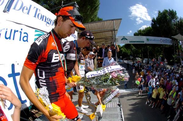 The Giro della Toscana podium (l-r): Mauro Santambrogio, Dan Martin and Miguel Rubiano.