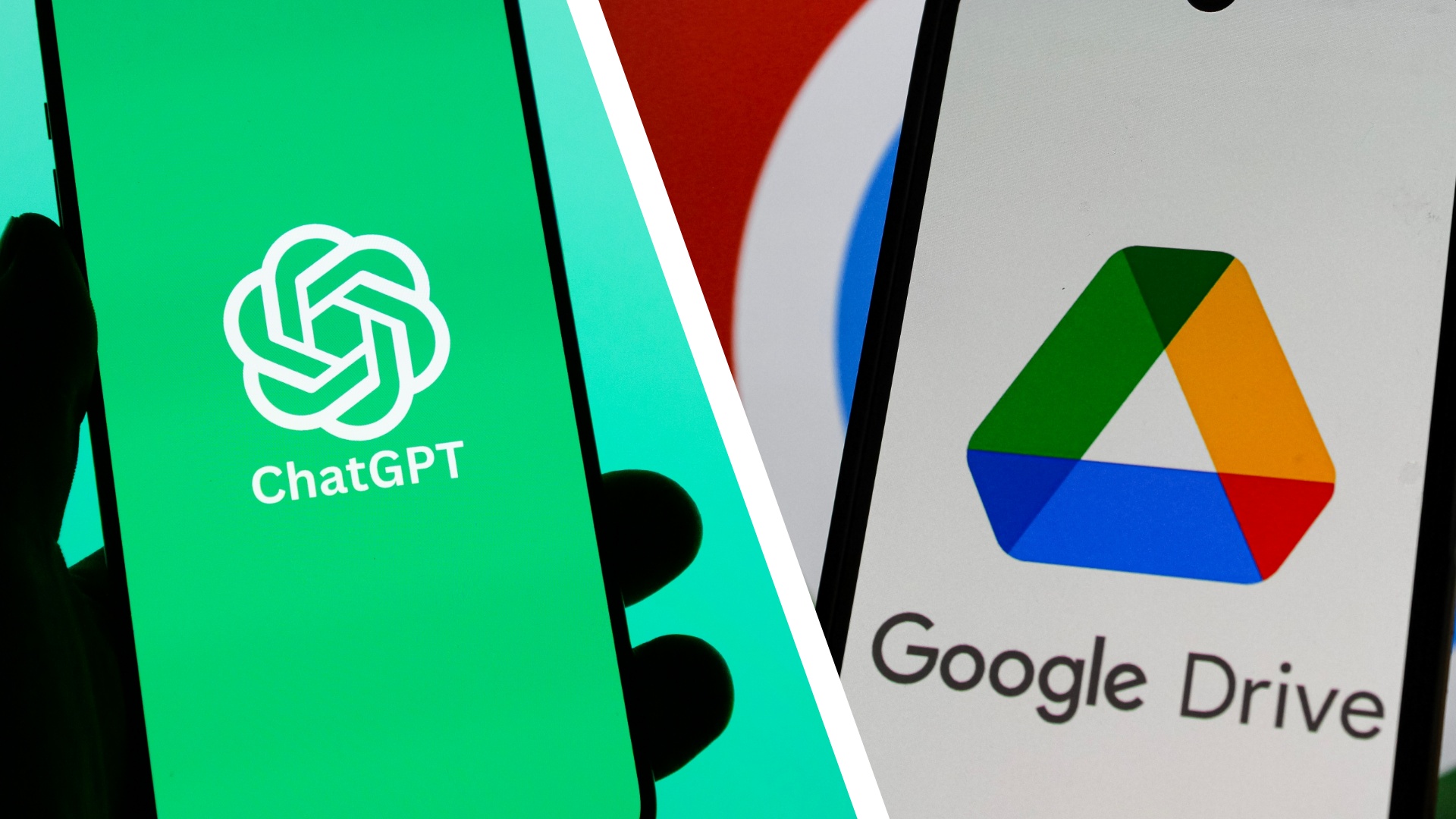 ChatGPT logo on a smartphone with Google Drive logo on a smartphone.