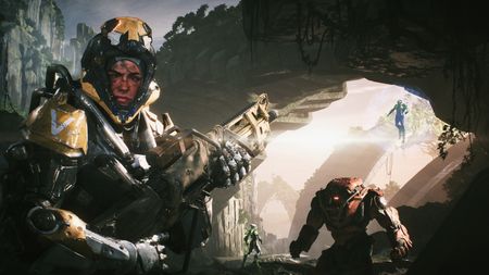 Anthem screenshot showing several characters in the foreground and flying in the background