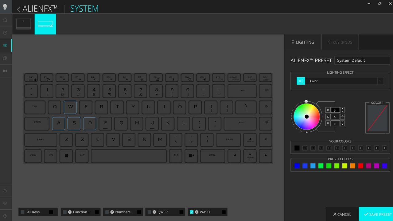 Alienware m16 R2 gaming laptop Command Center RGB keyboard lighting.