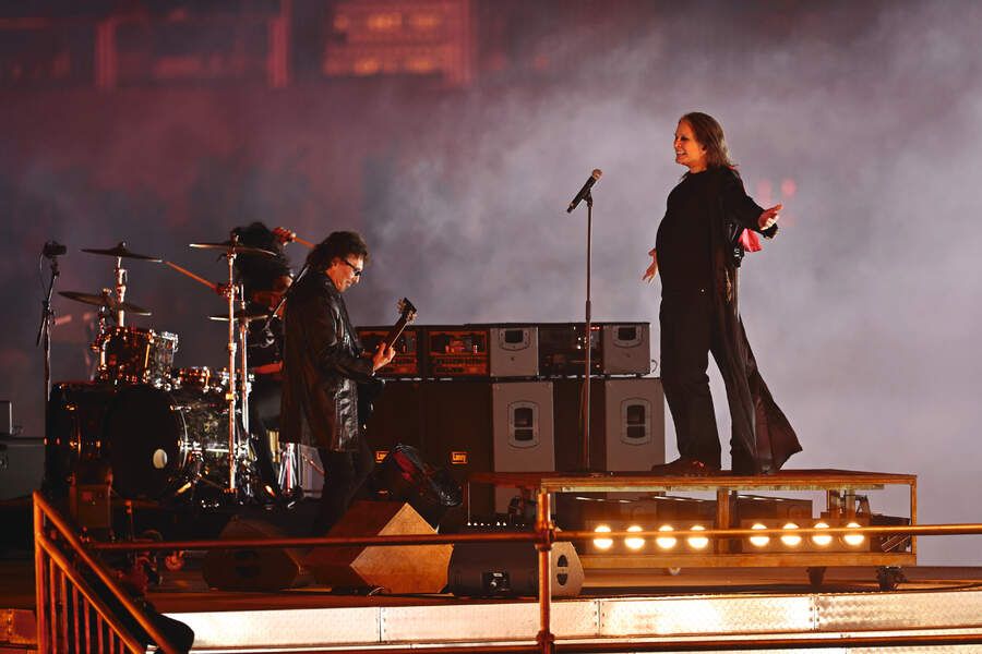 Ozzy Osbourne and Toni Iommi during the Birmingham 2022 Commonwealth Games Closing Ceremony at Alexander Stadium on August 08, 2022 in Birmingham, England