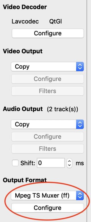 Video and audio output set to Copy, Output Format set to Mpeg TS Muxer (ff).
