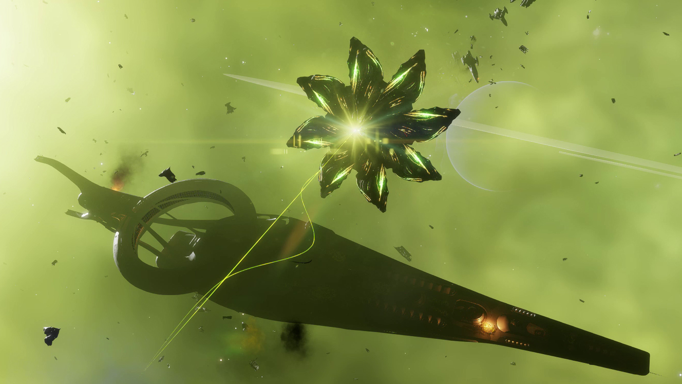 Thargoid alien ship attacking human ship