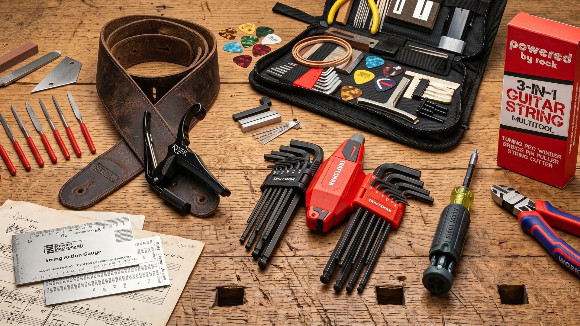 A set of guitar tools on a worn workbench