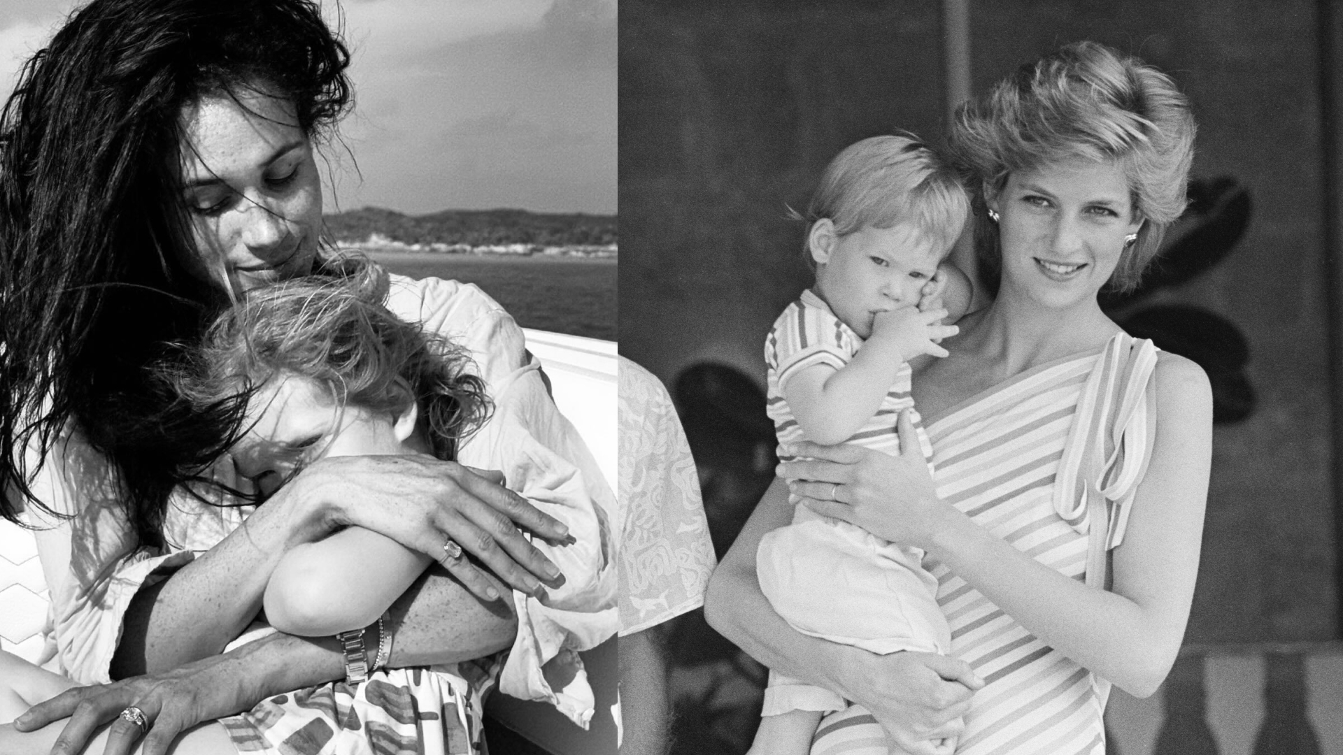 Meghan Markle hugging Princess Lilibet on a boat next to a photo of Princess Diana holding young Prince Harry