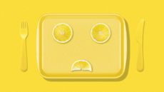 Illustration of a food tray with a sad face made of lemon slices