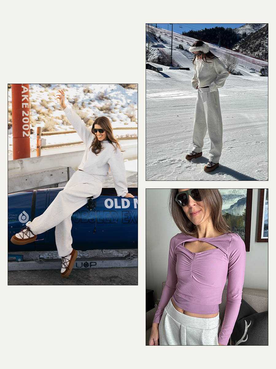 Judith Jones wearing a white sweatsuit and snow boots on a bobsled