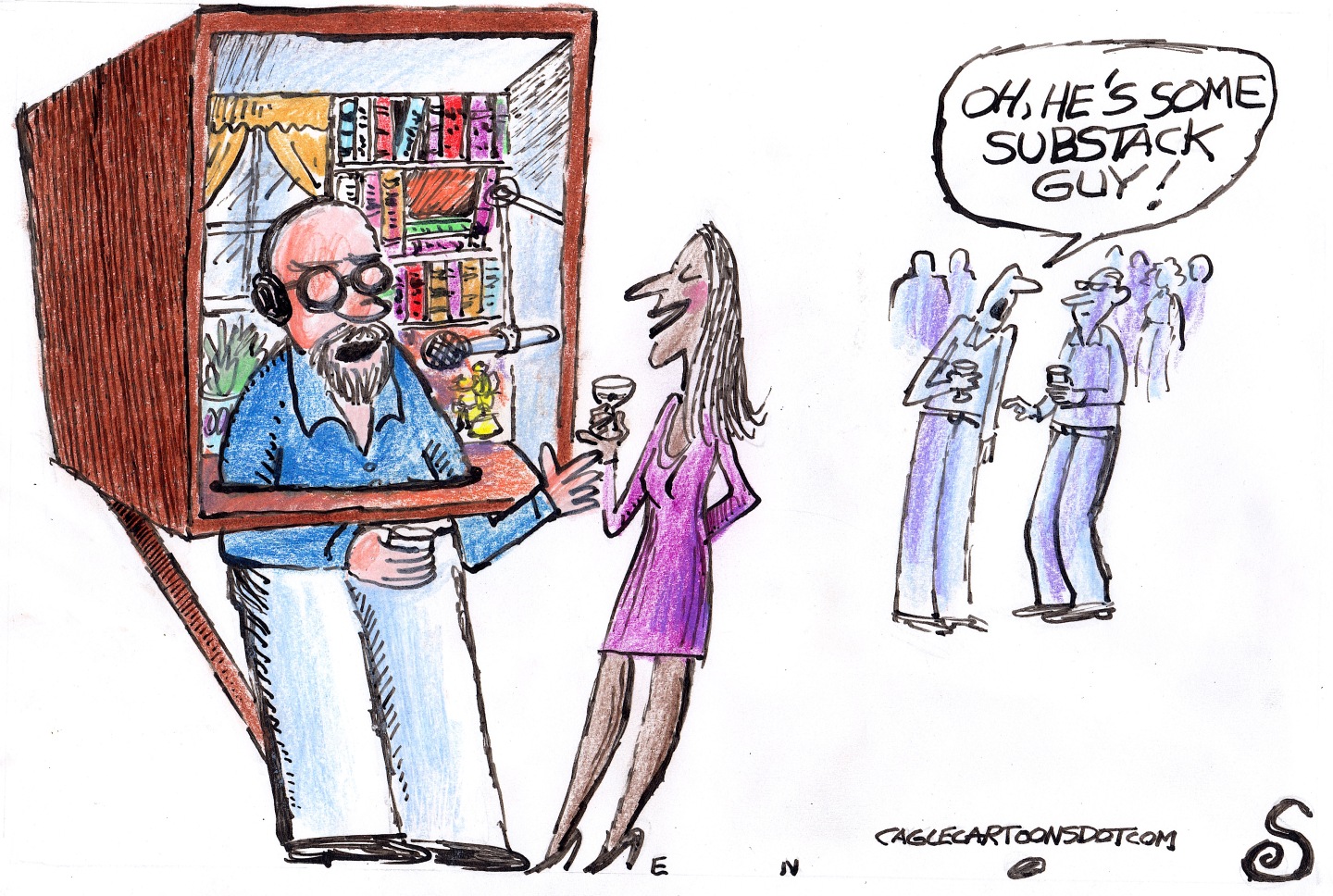 This editorial cartoon takes place at a cocktail party. An attractive woman holds a martini class while she talks to a man who is partly inside a box that looks like a podcaster’s studio. The man wears headphones and speaks into a microphone as he gestures to the woman. In the background, two other people watch the scene and one says to the other, “Oh, he’s some Substack guy!”