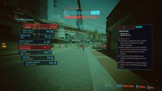 The player in Cyberpunk 2077 using quickhacks to kill a beat cop in the street.