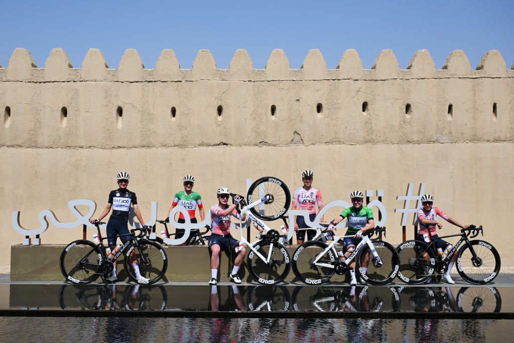 AL AIN QASR AL MUWAIJI UNITED ARAB EMIRATES FEBRUARY 08 A general view of Elisa Longo Borghini of Italy Elynor Backstedt of Great Britain Nina Berton of Luxembourg Green Points Jersey Lara Gillespie of Ireland Silvia Persico of Italy Karlijn Swinkels of the Netherlands Black intermediate sprint jersey Sofie Van Rooijen of the Netherlands and UAE Team ADQ prior to the 3rd UAE Tour Women Stage 3 a 152km stage from Al Ain Qasr Al Muwaiji to Jebel Hafeet UCIWWT on February 08 2025 in Al Ain Qasr Al Muwaiji United Arab Emirates Photo by Tim de WaeleGetty Images