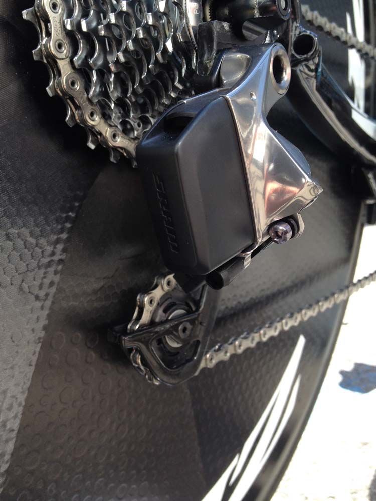 A close up look at the rear electronic SRAM derailleur