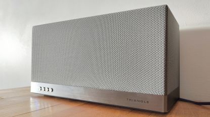 Triangle AIO3 (2022) review: white speaker by a green living room wall