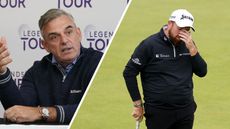 Paul McGinley (left) speaks at a Legends Tour press conference while Shane Lowry (right) puts his hand up to his face in anguish at the 2024 Open Championship
