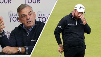 Paul McGinley (left) speaks at a Legends Tour press conference while Shane Lowry (right) puts his hand up to his face in anguish at the 2024 Open Championship