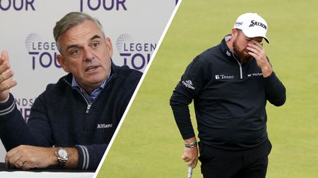 Paul McGinley (left) speaks at a Legends Tour press conference while Shane Lowry (right) puts his hand up to his face in anguish at the 2024 Open Championship