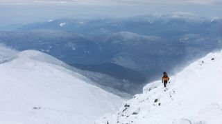 Hiker on Tuckerman Ravine Trail, Mountain Washington, USA