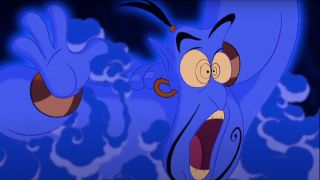 The Genie stretches in an exaggerated fashion in Aladdin.