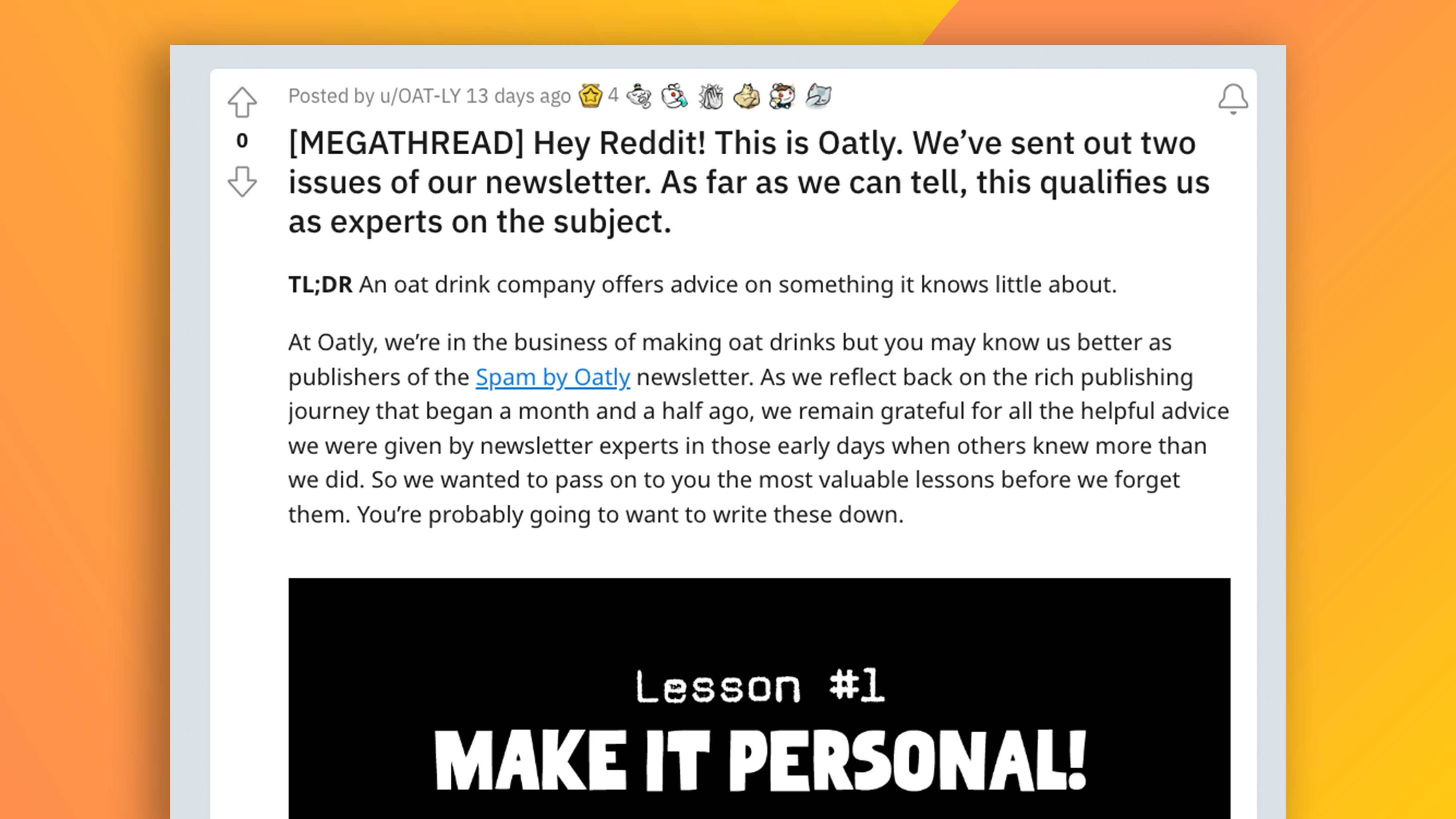 Screenshot of Oatly's Reddit ad