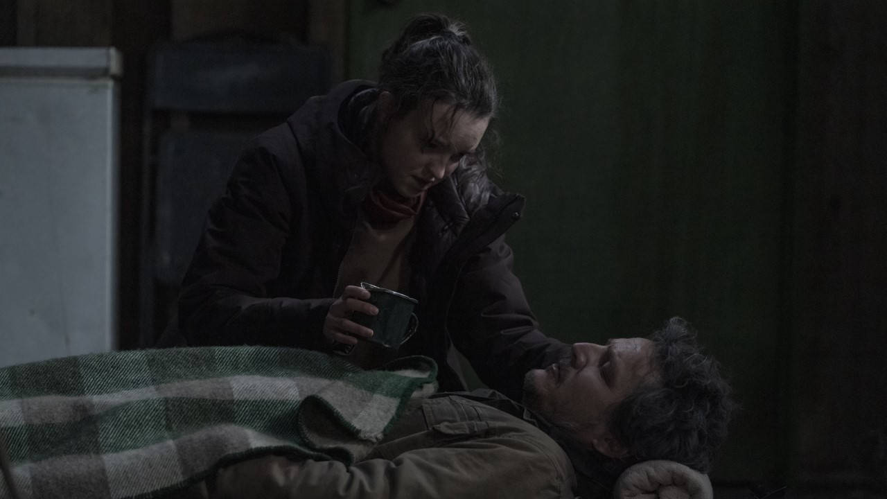 Ellie giving Joel water in HBO's The Last of Us