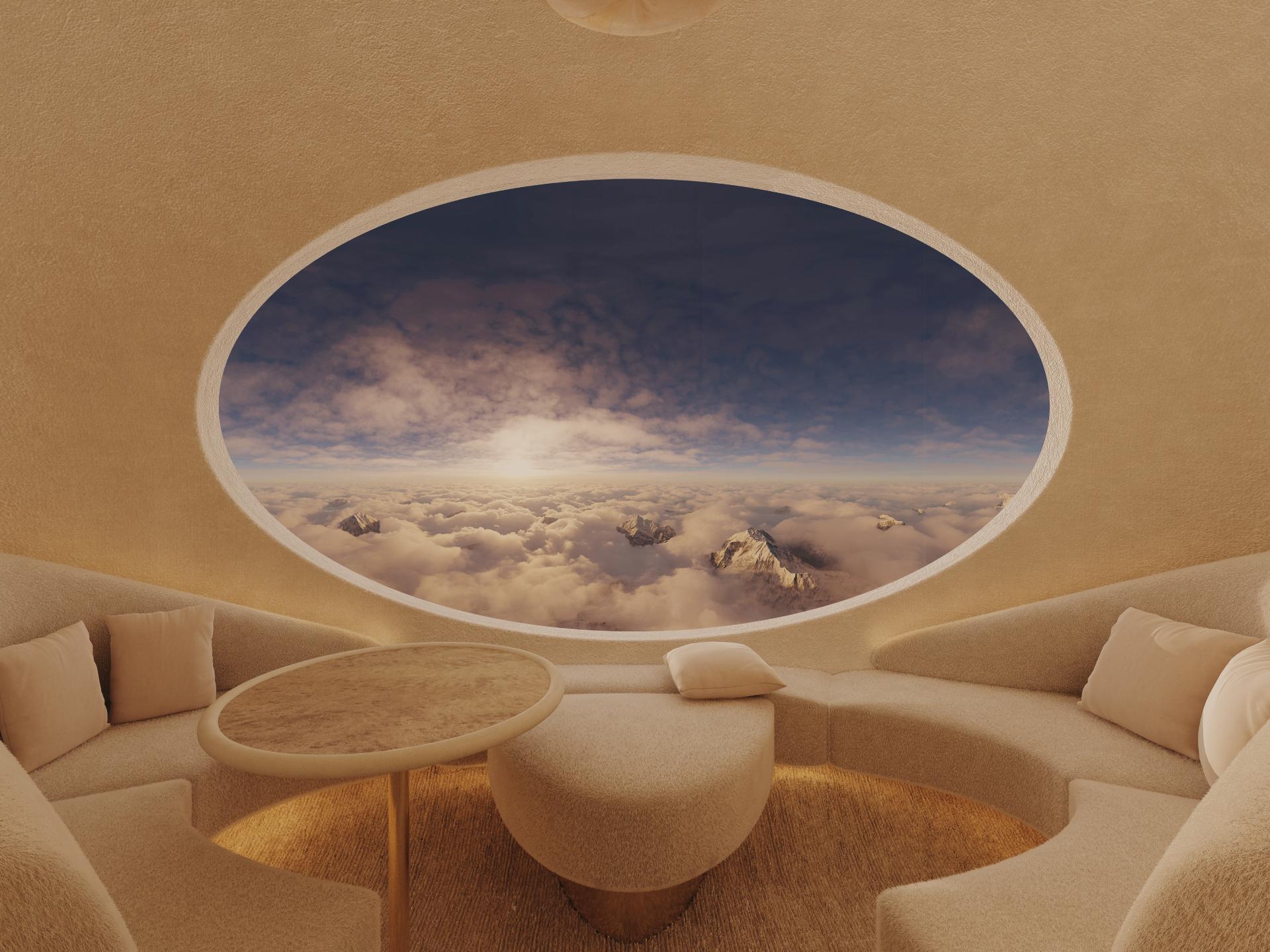 A space capsule with creamy, minimalist interiors and a porthole window showing a sun-lit, cloudy sky from indoors.