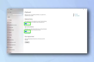 The Windows 10 Clipboard settings menu, demonstrating how to enable clipboard history in Windows
