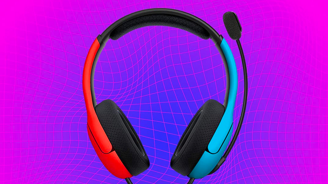 Nintendo headphones in blue and red on a pink background