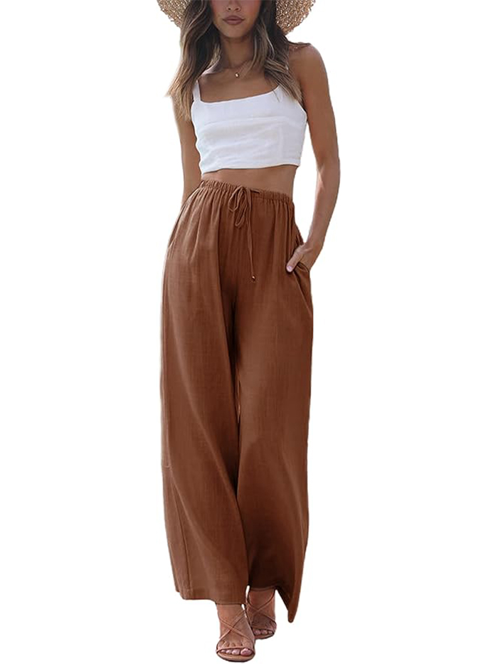 Faleave, Faleave Women's Cotton Linen Summer Palazzo Pants Flowy Wide Leg Beach Trousers With Pockets(rust-Xl)