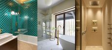 Shower lighting ideas. Three bathrooms that show different shower lighting ideas, central pendant light, natural light, wall light and strip lights.