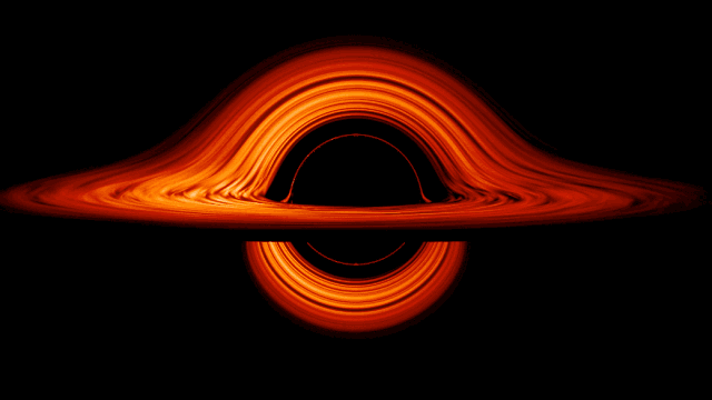 This animation shows the side view of a black hole's accretion disk, which seems to bend above, below and around the hole at the same time.