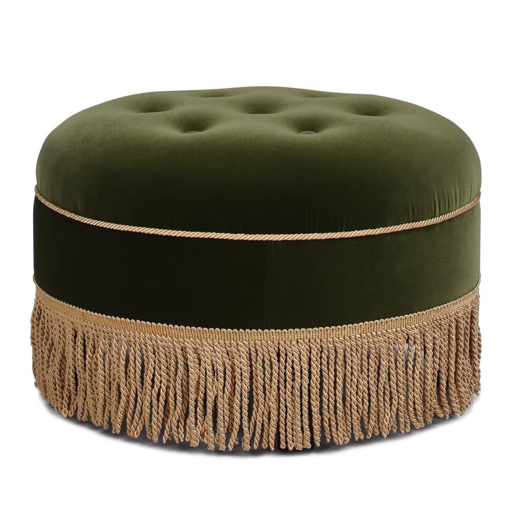 Round Upholstered Accent Ottoman, Olive Green