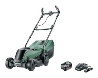 Image of green Bosch lawn mower with handles