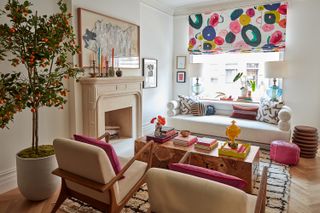 neutral living room with colorful accents