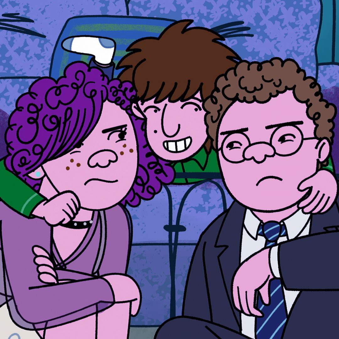 A still from the animated series 'Long Story Short.' A preteen boy (Max Greenfield as Yoshi Schwooper, center) leans over the foot of a bed and wraps his arms around his older siblings (l-r Abbi Jacobson as Shira Schwooper, Ben Feldman as Avi Schwooper) who are sitting on a bedroom floor.