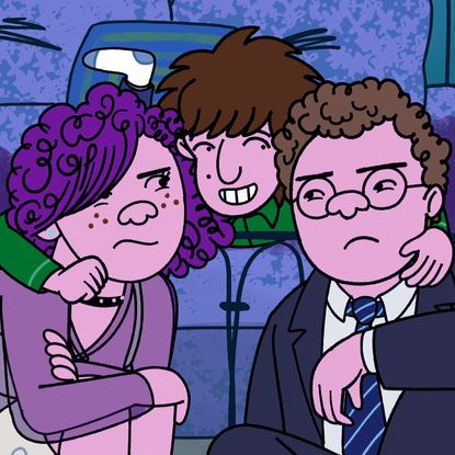 A still from the animated series 'Long Story Short.' A preteen boy (Max Greenfield as Yoshi Schwooper, center) leans over the foot of a bed and wraps his arms around his older siblings (l-r Abbi Jacobson as Shira Schwooper, Ben Feldman as Avi Schwooper) who are sitting on a bedroom floor.