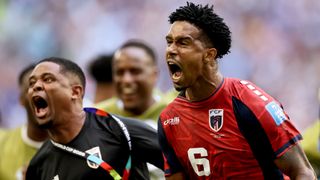 Kevin Pina of Cape Verde celebrates scoring his team's first goal during the FIFA World Cup 2026 Group H match against Uruguay at Miami Stadium on June 21, 2026 in Miami Gardens, Florida