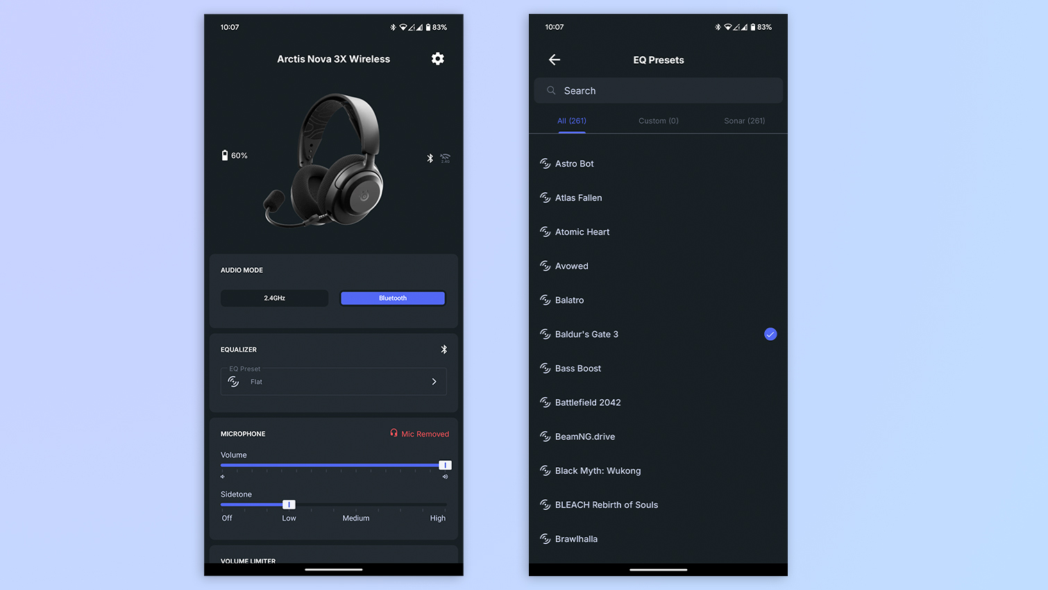 Screenshots of the SteelSeries Arctis app