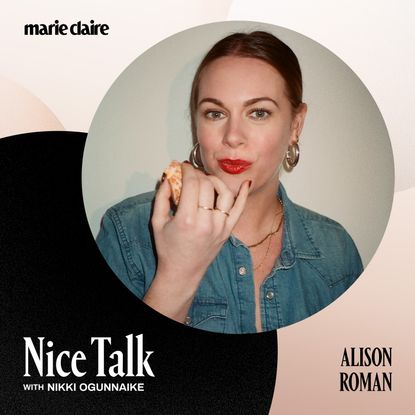 a headshot of alison roman in red lipstick eating a bite of something with a treated backdrop for the nice talk podcast