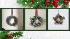 The best Christmas wreaths - The White Company's silver wreath, M&S' classic wreath, and John Lewis' star wreath on a white background with fir sprigs and snow