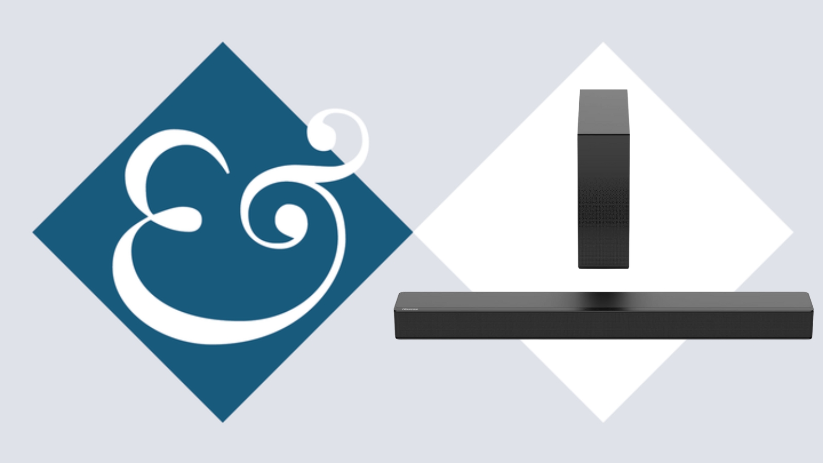 Hisense HS2100 soundbar and subwoofer on tile background next to Homes &amp; Gardens '&amp;' symbol.