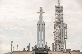 SpaceX's first Falcon Heavy Rocket stands atop Launch Pad 39A at NASA's Kennedy Space Center in Cape Canaveral, Florida. The rocket's debut flight is scheduled for Feb. 6, 2018.