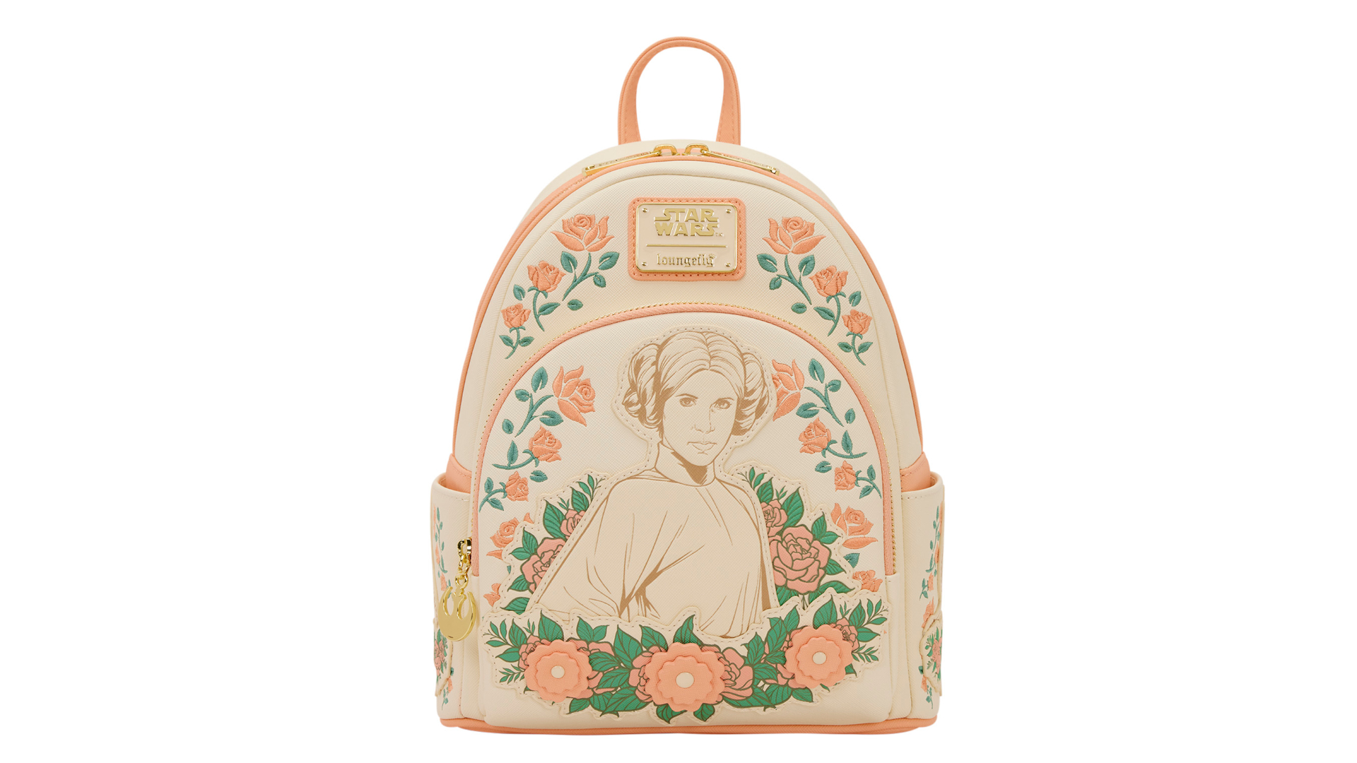 Star Wars Loungefly Mini Backpack with Leia, Rey, and Padme on a plain background
