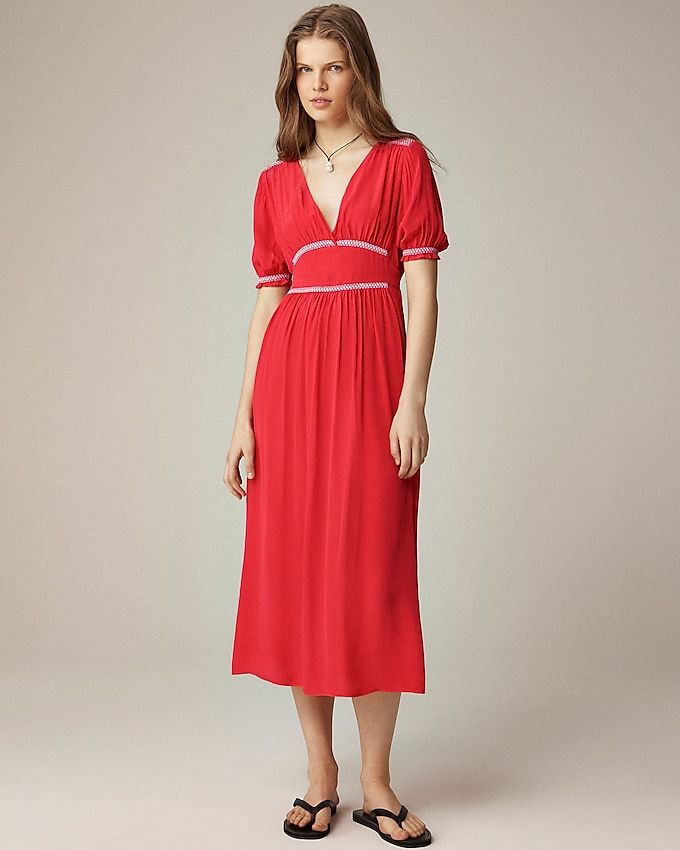 Smocked-Trim Midi Dress in Crepe De Chine