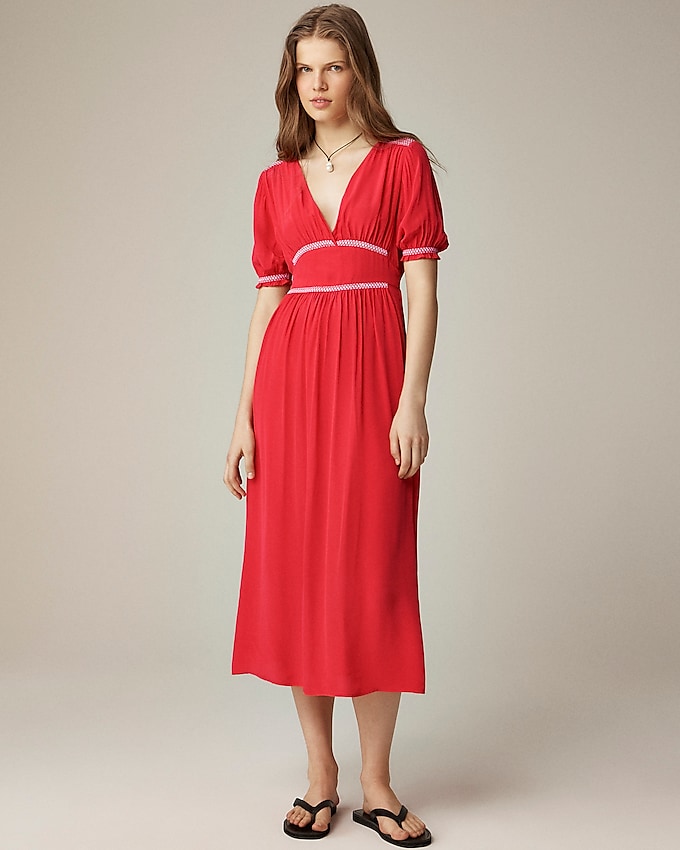 Smocked-Trim Midi dress wearing Crepe de Chinese