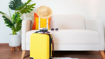 A yellow suitcase in front of a couch and potted plant