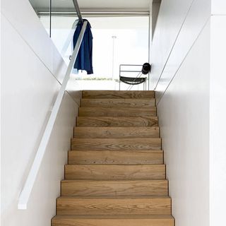 staircase with white wall and glass